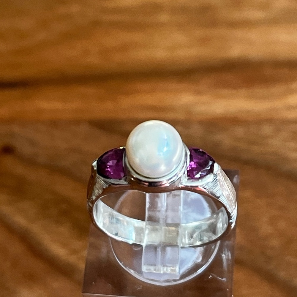 NEW Sterling Pearl & Ruby Ring Size 6-3/4 .925 Designer